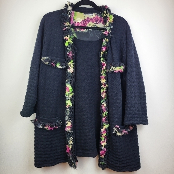 Michael Simon open front floral ruffle trim Cardigan Sweater - Picture 1 of 7